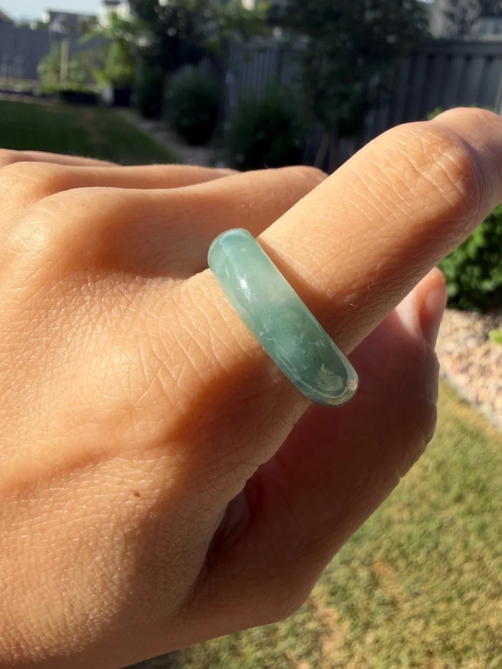 Natural Type A Burmese Icy Jadeite Solid Band Ring with Floating Green Flowers